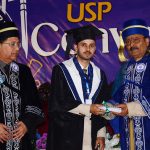 Federal Minister and Chairman of the Special Parliamentary Committee on Kashmir, Rana Muhammad Qasim Noon, distributing degrees among students during the convocation at the University of South Punjab