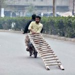 Motorcyclists carry a bamboo ladder in a hazardous manner, posing serious risks to other road users.