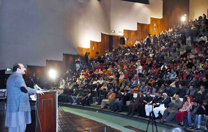 Chairman Prime Minister’s Youth Programme Rana Mashhood Ahmed Khan addressing in Kashmir Solidarity Day at Al-Hamra