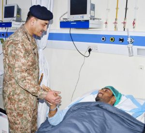 Field Marshal Syed Asim Munir, NI (M), HJ, COAS & CDF, along with CM Balochistan Mir Sarfraz Bugti, visits Combined Military Hospital (CMH) Quetta, where he meets the injured personal of Army, FC Balochistan and Police. He lauded their high morale and commended their bravery and steadfastness in protecting the motherland from foreign-sponsored terrorists