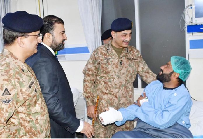 Field Marshal Syed Asim Munir, NI (M), HJ, COAS & CDF, along with CM Balochistan Mir Sarfraz Bugti, visits Combined Military Hospital (CMH) Quetta, where he meets the injured personal of Army, FC Balochistan and Police. He lauded their high morale and commended their bravery and steadfastness in protecting the motherland from foreign-sponsored terrorists