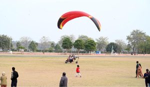 Visitor enjoy a motor gliding ride during the two-day Pakistan Tourism, Sports & Family Festival at the Sports Complex in the Federal Capital