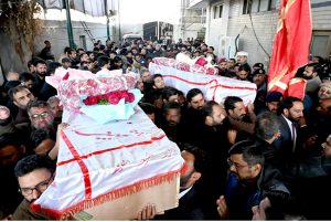 A large number of people attend funeral procession of the victims of the suicide attack on Imambargah Khadijat-ul-Kubra in Tarlai Kalan.
