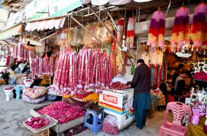 A vendor displaying garlands to attract customers at Bani Chowk.