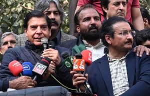 Former Prime Minister and Member of National Assembly Raja Pervez Ashraf addressing the Kashmir Rally of the People's Party at Charing Cross Mall Road