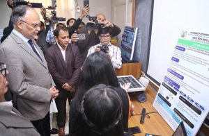 Federal Minister for Planning, Development and Special Initiatives Ahsan Iqbal addresses students at the Shaheed Mohtarma Benazir Bhutto Chair & Convention Centre, University of Sindh.