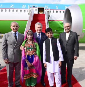 President Asif Ali Zardari and Prime Minister Muhammad Shehbaz Sharif receive Mirziyoyev Shavkat Miromonovich, President of the Republic of Uzbekistan, upon his arrival on an official visit to Pakistan at Noor Khan Airbase.