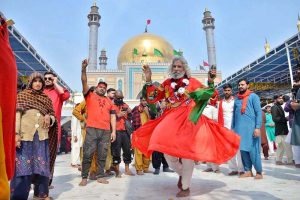 Devotees performing dhamal at the shrine of Lal Shahbaz Qalandar on the occasion of 774th Urs celebration
