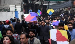 A large number of people purchase kites in connection with the upcoming Basant festival in the provincial capital