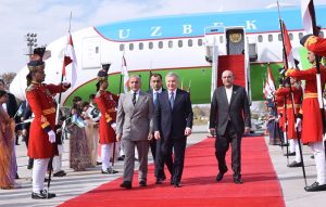 President Asif Ali Zardari and Prime Minister Muhammad Shehbaz Sharif receive Mirziyoyev Shavkat Miromonovich, President of the Republic of Uzbekistan, upon his arrival on an official visit to Pakistan at Noor Khan Airbase.