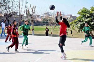 A view of the semifinal basketball match between Faisalabad Division and Sargodha Division during the Chief Minister Punjab Championship Basketball Tournament 2025–26 at the BISE Ground.