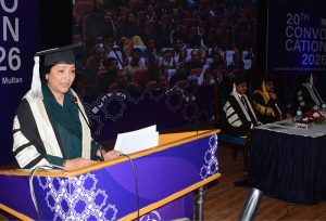 - Federal Minister of State for Education and Professional Training Wajiha Qamar distributing doctorate degrees among students during the convocation ceremony at Bahauddin Zakariya University.