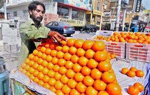 A vendor decorates and arranges seasonal oranges to attract customers during the festive season.