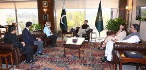 Mary Cummins, Team Leader of Mustehkam Parliament (MUP), calls on Chairman Senate, Yousaf Raza Gilani, at Parliament House.