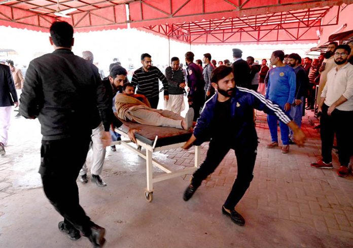 Injured people are being shifted to PIMS hospital after a powerful bomb blast at the gate of Tarlai Imambargah killed and injured several people in the Shehzad Town area of the federal capital