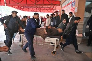 Injured people are being shifted to PIMS hospital after a powerful bomb blast at the gate of Tarlai Imambargah killed and injured several people in the Shehzad Town area of the federal capital