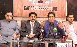 Chief Whip Punjab Assembly, Rana Muhammad Arshad, Spokesman Federal Govt in Sindh Raja Khaliquz Zaman addressing a press conference at KPC.