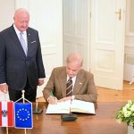 Prime Minister Muhammad Shehbaz Sharif records his remarks in visitors’ book at Austrian Federal Chancellery.