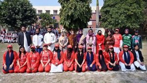Students pull with all their force to win in the inter-collegiate tug-of-war organized by the Education Board at Government Degree College, Farooq Colony.