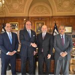 Federal Minister for Finance and Revenue Senator Muhammad Aurangzeb, shaking hands with US Commerce Secretary, Howard A. Lutnick after a meeting at the Department of Commerce in Washington D.C. Secretary Commerce, Government of Pakistan, and Pakistan's Ambassador to the United States of America are also seen