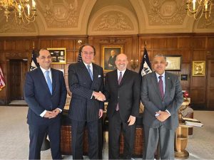 Federal Minister for Finance and Revenue Senator Muhammad Aurangzeb, shaking hands with US Commerce Secretary, Howard A. Lutnick after a meeting at the Department of Commerce in Washington D.C. Secretary Commerce, Government of Pakistan, and Pakistan's Ambassador to the United States of America are also seen