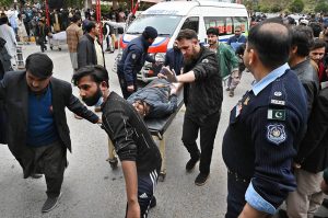 Injured people are being shifted to PIMS hospital after a powerful bomb blast at the gate of Tarlai Imambargah killed and injured several people in the Shehzad Town area of the federal capital