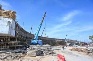 A view of the ongoing construction work of the flyover at Katchery Chowk, a key part of the city's mega development project.