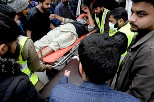 Injured people are being shifted to PIMS hospital after a powerful bomb blast at the gate of Tarlai Imambargah killed and injured several people in the Shehzad Town area of the federal capital