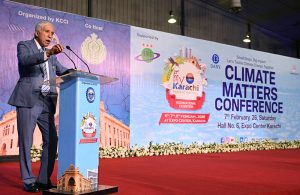 Federal Minister for Board of investment Qaiser Ahmed Sheikh distributing shield during 21st My Karachi Oasis of Harmony international exhibition 2026 at Karachi Expo Centre.
