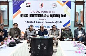 Information Commissioner Noor Muhammad Dayo addressing during workshop on “Right to Information Act- Reporting Tool” organized by Hyderabad Union of Journalists at Press Club.
