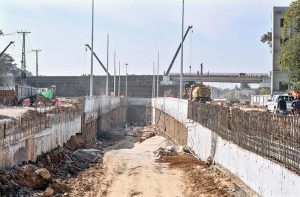 A view of the ongoing construction work of the flyover at Katchery Chowk, a key part of the city's mega development project.