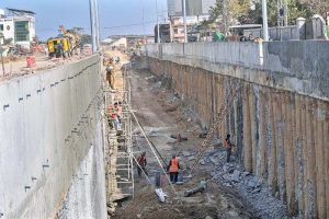 A view of the ongoing construction work of the flyover at Katchery Chowk, a key part of the city's mega development project.
