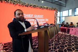 Aurangzeb Khan Khichi, Federal Minister for National Heritage and Culture Division, addressing after inaugurating the Isloo International Fashion Festival 2026