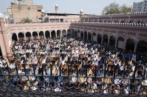 Faithfuls offering dua during first Jumma-tul-Mubarak prayer at historic Sunehri masjid during the Holy fasting month of Ramzanul Mubarak.