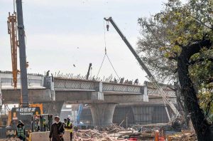 A view of the ongoing construction work of the flyover at Katchery Chowk, a key part of the city's mega development project.