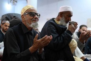 Faithfuls offering dua during first Jumma-tul-Mubarak prayer at historic Sunehri masjid during the Holy fasting month of Ramzanul Mubarak.