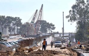 A view of the ongoing construction work of the flyover at Katchery Chowk, a key part of the city's mega development project.