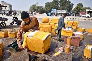 Workers arrange and pack fish in boxes at Husainabad for delivery to other cities.