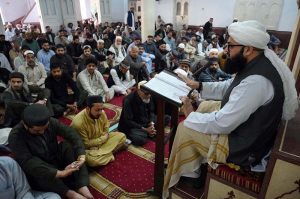 Faithfuls offering dua during first Jumma-tul-Mubarak prayer at historic Sunehri masjid during the Holy fasting month of Ramzanul Mubarak.