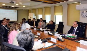Federal Minister for Finance and Revenue, Muhammad Aurangzeb, chairs a meeting of the Economic Coordination Committee (ECC) of the Cabinet at the Finance Division.
