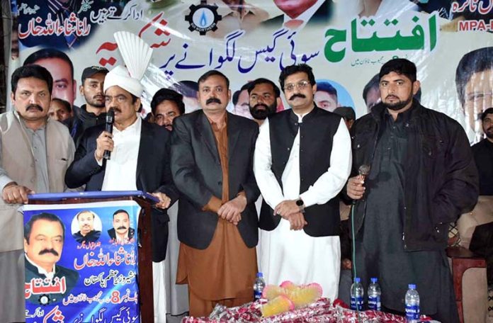 Prime Minister’s Special Adviser on Political and Public Affairs Senator Rana Sanaullah is addressing a public gathering during inauguration ceremony of gas supply in Chak No.8-JB Mehbood Town Azafi Abad