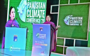 Federal Secretary of Climate Change Aisha Humaira addressing to Pakistan Climate Conference 2026 organized by Overseas Investors Chamber of Commerce and Industry (OICCI) at a local hotel