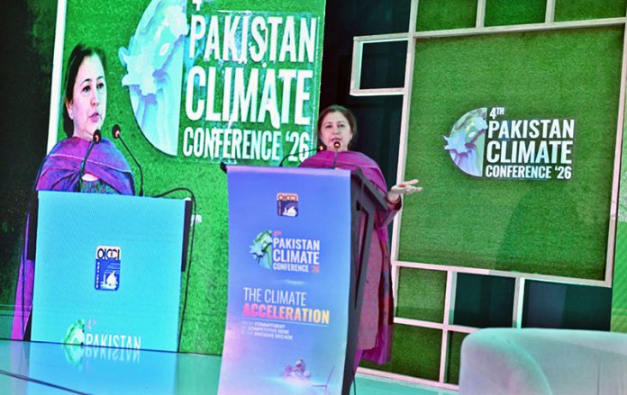 Federal Secretary of Climate Change Aisha Humaira addressing to Pakistan Climate Conference 2026 organized by Overseas Investors Chamber of Commerce and Industry (OICCI) at a local hotel