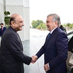 President Asif Ali Zardari receives the President of the Republic of Uzbekistan, Mirziyoyev Shavkat Miromonovich, upon his arrival at Aiwan-e-Sadr