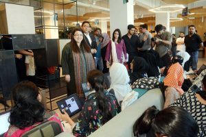 Federal Minister for Information Technology and Telecommunication Shaza Fatima Khawaja interacting with students on the occasion of women hackathon under Indus AI Week 2026 at Zaitoon IT Park of Saylani Welfare International Trust