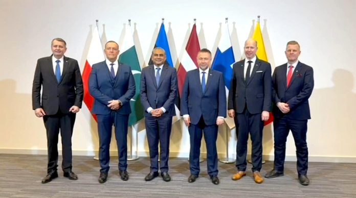 Federal Interior Minister Mohsin Naqvi with Interior Ministers of Poland, Estonia, Latvia, Finland, and Lithuania during the 6-nation conference on Illegal Immigration and Security Cooperation