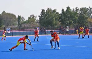 A view of the hockey match between DG Khan and Faisalabad teams during the 3rd Chief of Army Staff National Inter-Club Hockey Championship, organized by the Sports Department and Hockey Association.
