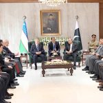 President Asif Ali Zardari and the President of the Republic of Uzbekistan, Mirziyoyev Shavkat Miromonovich, exchange views during delegation-level talks at Aiwan-e-Sadr