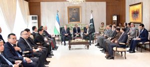 President Asif Ali Zardari and the President of the Republic of Uzbekistan, Mirziyoyev Shavkat Miromonovich, exchange views during delegation-level talks at Aiwan-e-Sadr