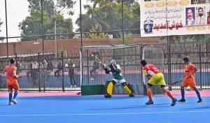 A view of the hockey match between DG Khan and Faisalabad teams during the 3rd Chief of Army Staff National Inter-Club Hockey Championship, organized by the Sports Department and Hockey Association.